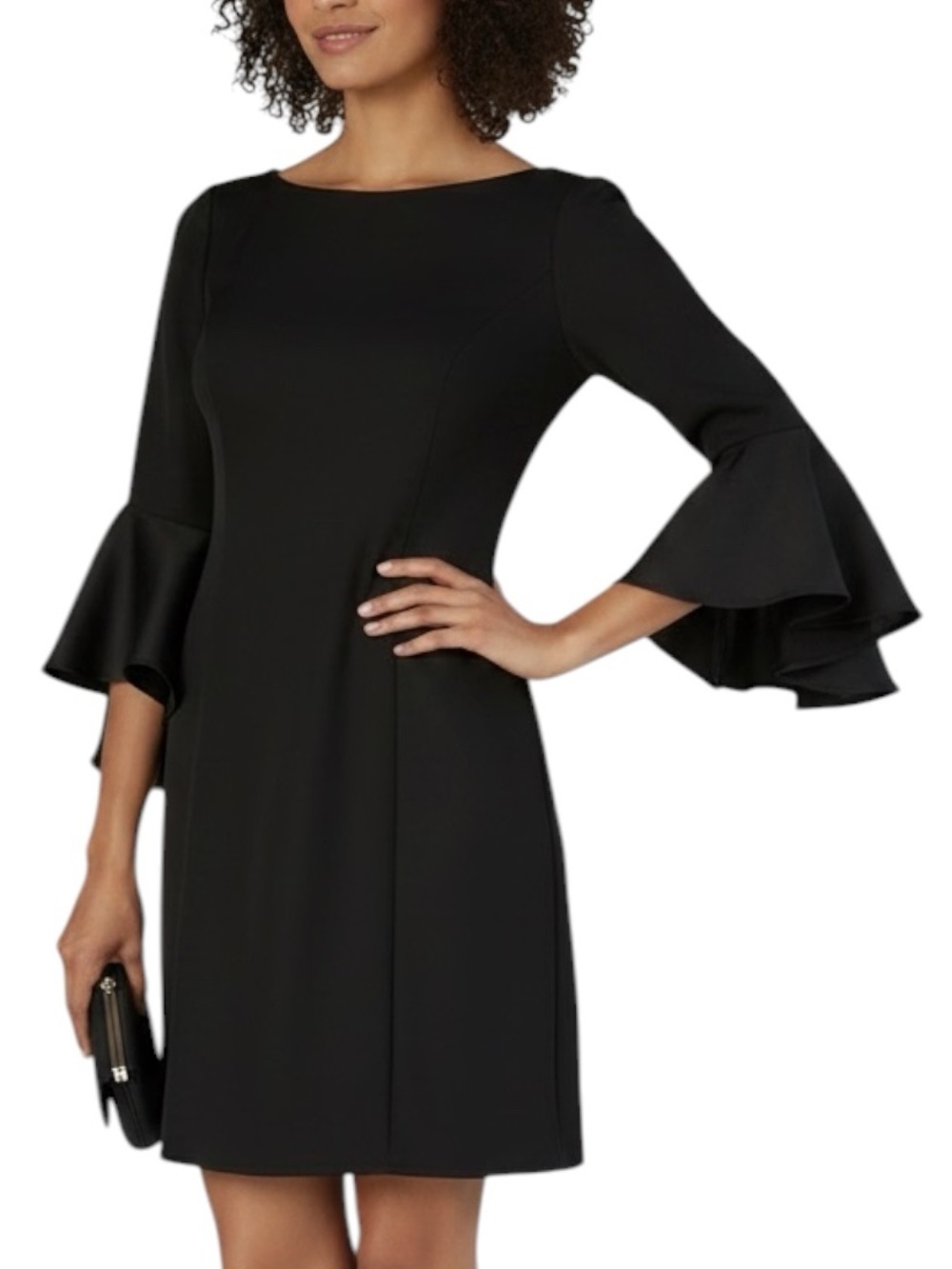 NWT ADRIANNA PAPELL Black Crepe 3/4 Satin Ruffle Sleeve Back Zip Dress Size 8